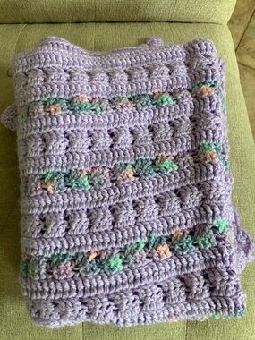 Handmade Soft Lavender Crochet Blanket with Pastel Accents